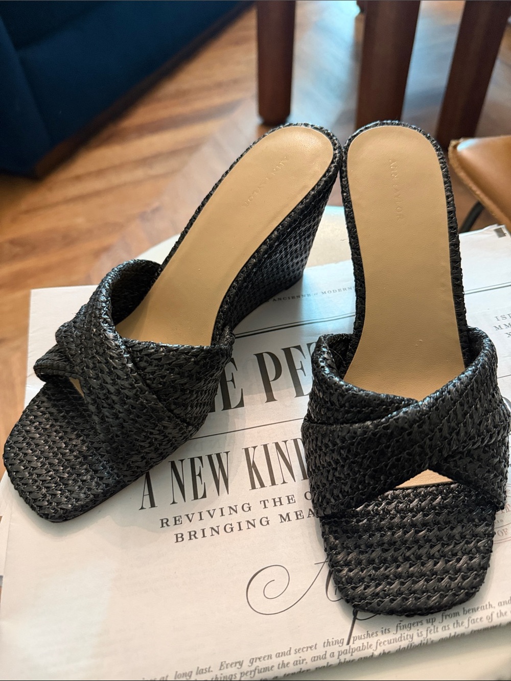 Ann Taylor Black Woven Wedge Mule Sandals